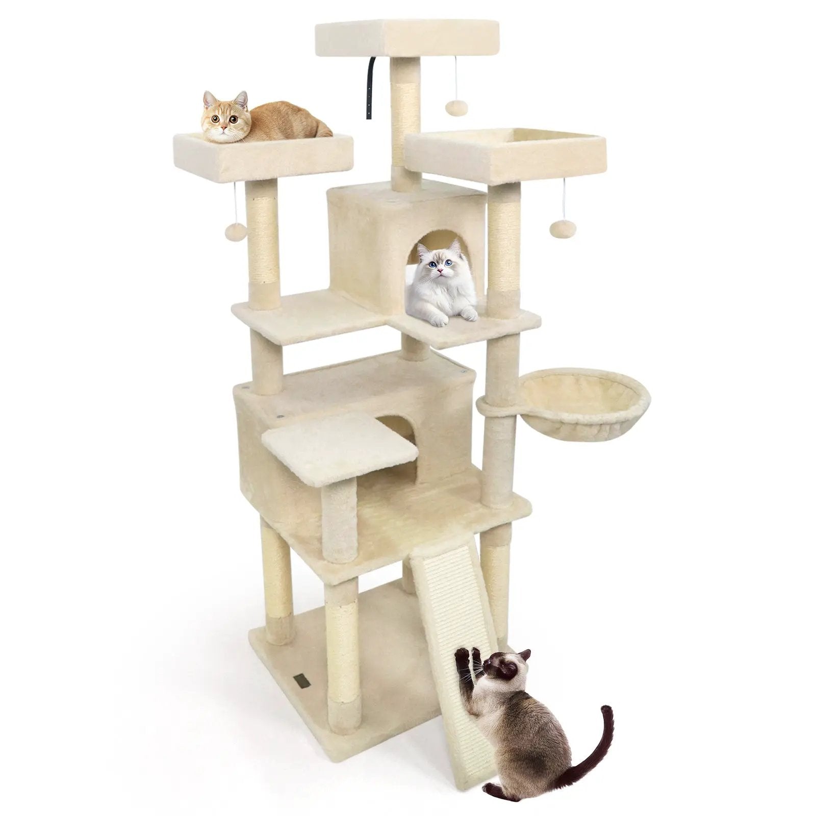 65 Inch Tall Multi-level Cat Tree with 3 Upholstered Perch and 2 Cat Condos by DirectDeals