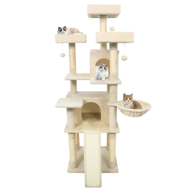 65 Inch Tall Multi-level Cat Tree with 3 Upholstered Perch and 2 Cat Condos by DirectDeals