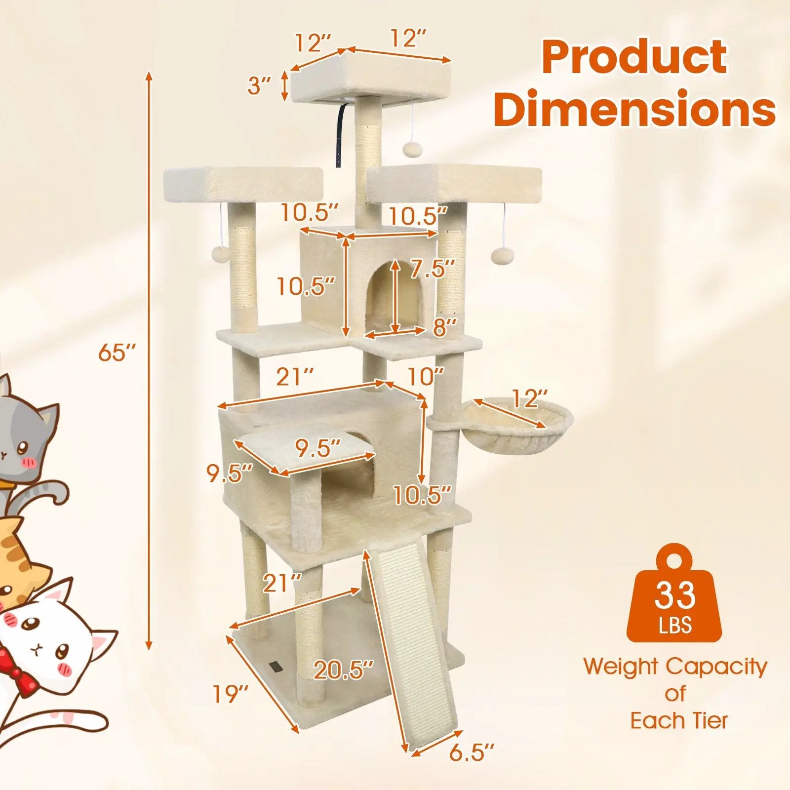 65 Inch Tall Multi-level Cat Tree with 3 Upholstered Perch and 2 Cat Condos by DirectDeals