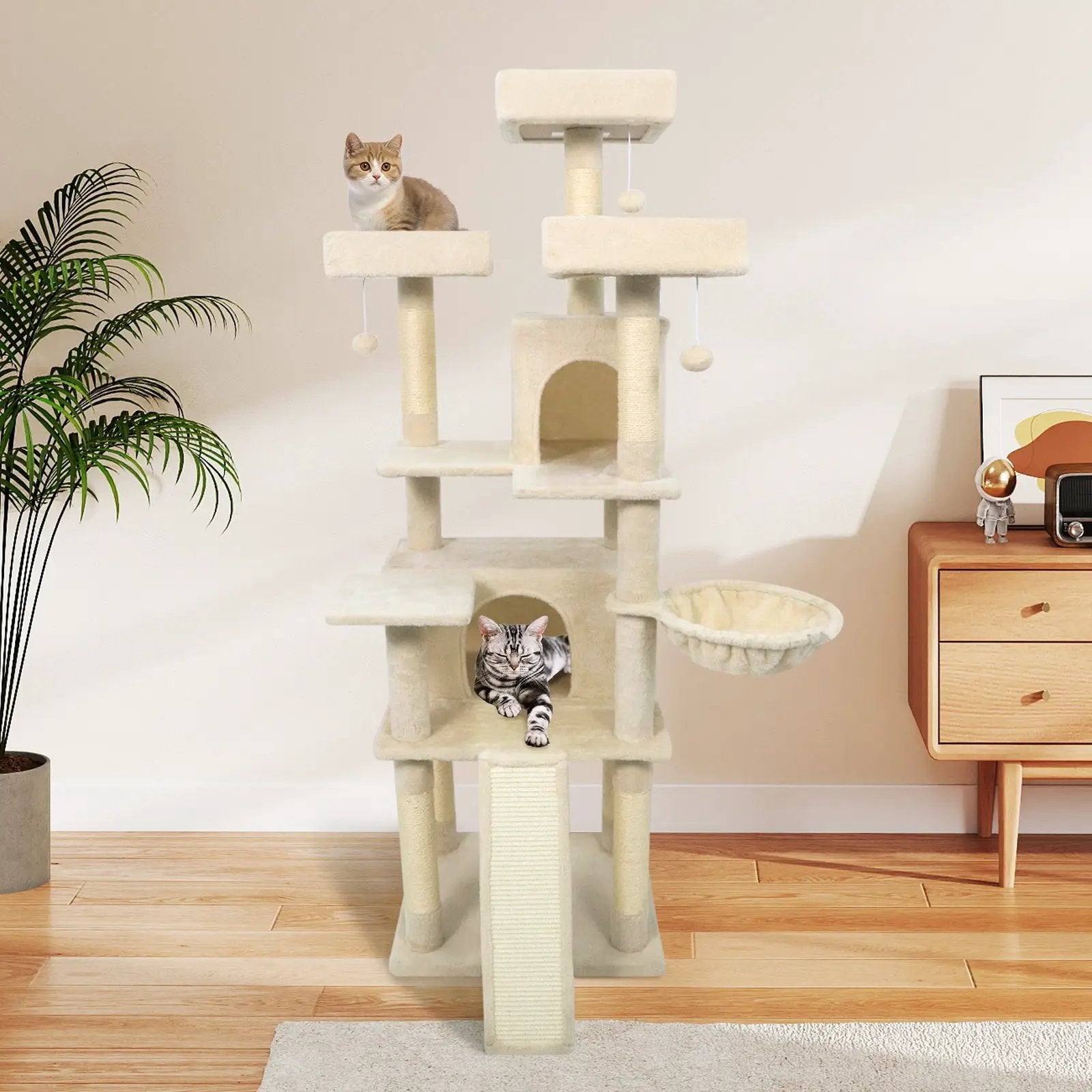 65 Inch Tall Multi-level Cat Tree with 3 Upholstered Perch and 2 Cat Condos by DirectDeals