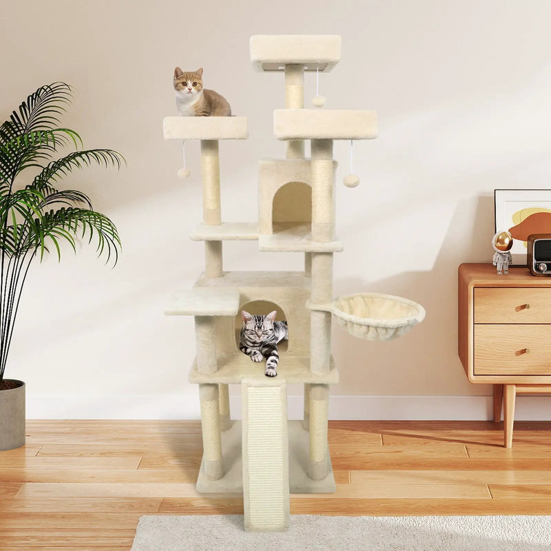 65 Inch Tall Multi-level Cat Tree with 3 Upholstered Perch and 2 Cat Condos by DirectDeals