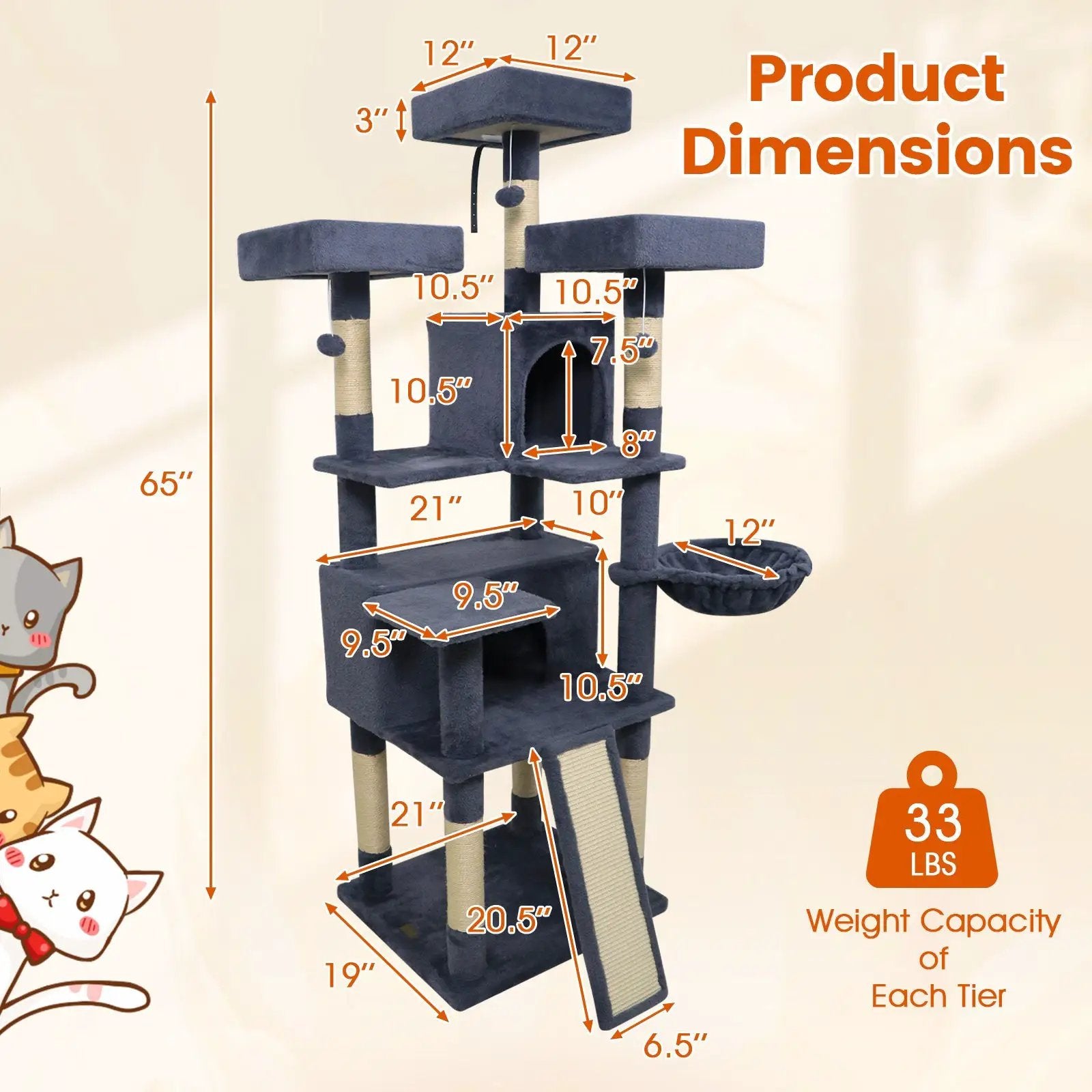 65 Inch Tall Multi-level Cat Tree with 3 Upholstered Perch and 2 Cat Condos by DirectDeals