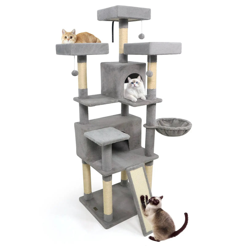 65 Inch Tall Multi-level Cat Tree with 3 Upholstered Perch and 2 Cat Condos by DirectDeals