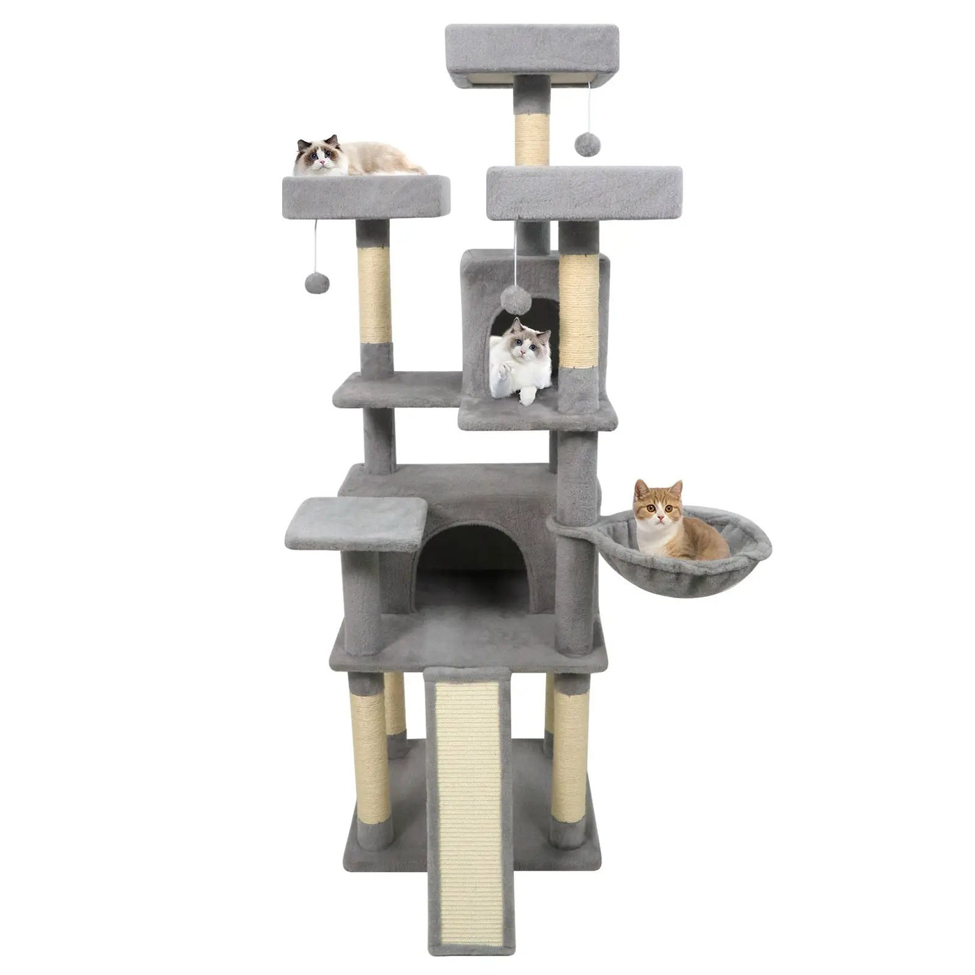 65 Inch Tall Multi-level Cat Tree with 3 Upholstered Perch and 2 Cat Condos by DirectDeals