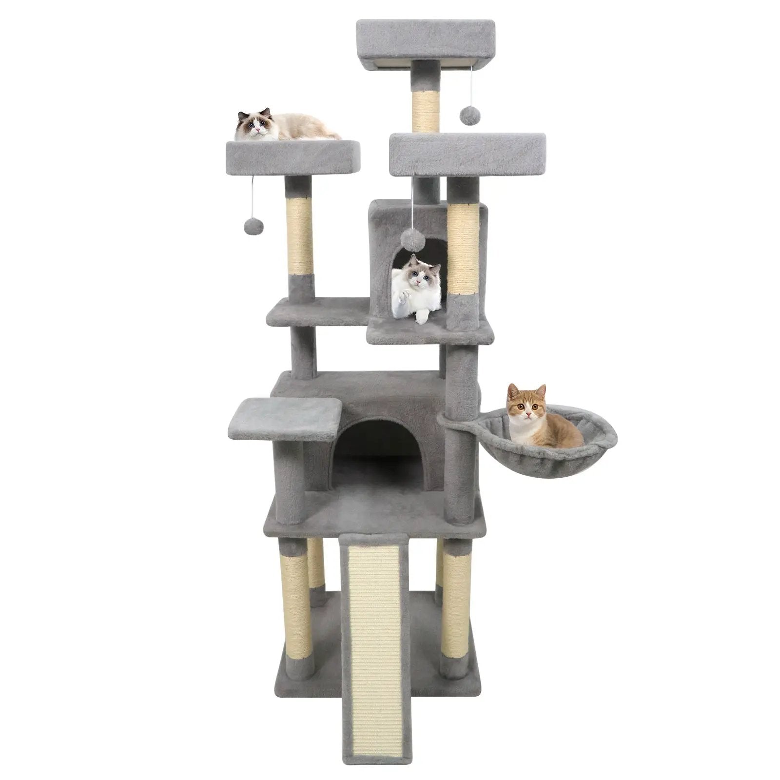 65 Inch Tall Multi-level Cat Tree with 3 Upholstered Perch and 2 Cat Condos by DirectDeals