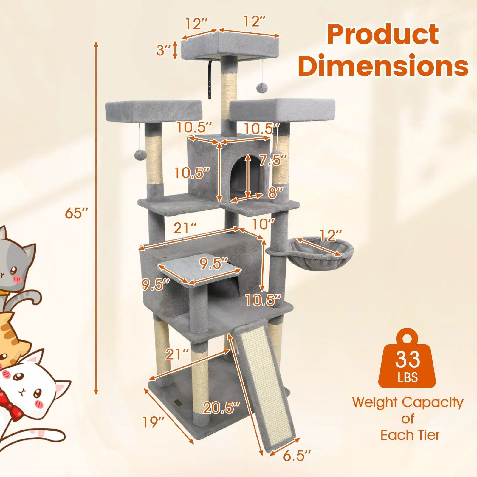65 Inch Tall Multi-level Cat Tree with 3 Upholstered Perch and 2 Cat Condos by DirectDeals