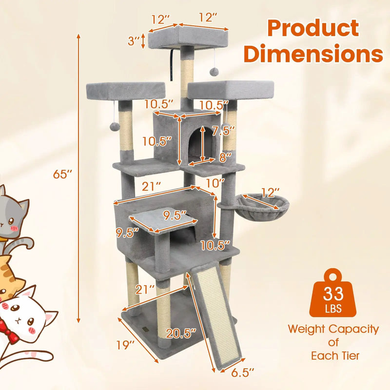 65 Inch Tall Multi-level Cat Tree with 3 Upholstered Perch and 2 Cat Condos by DirectDeals