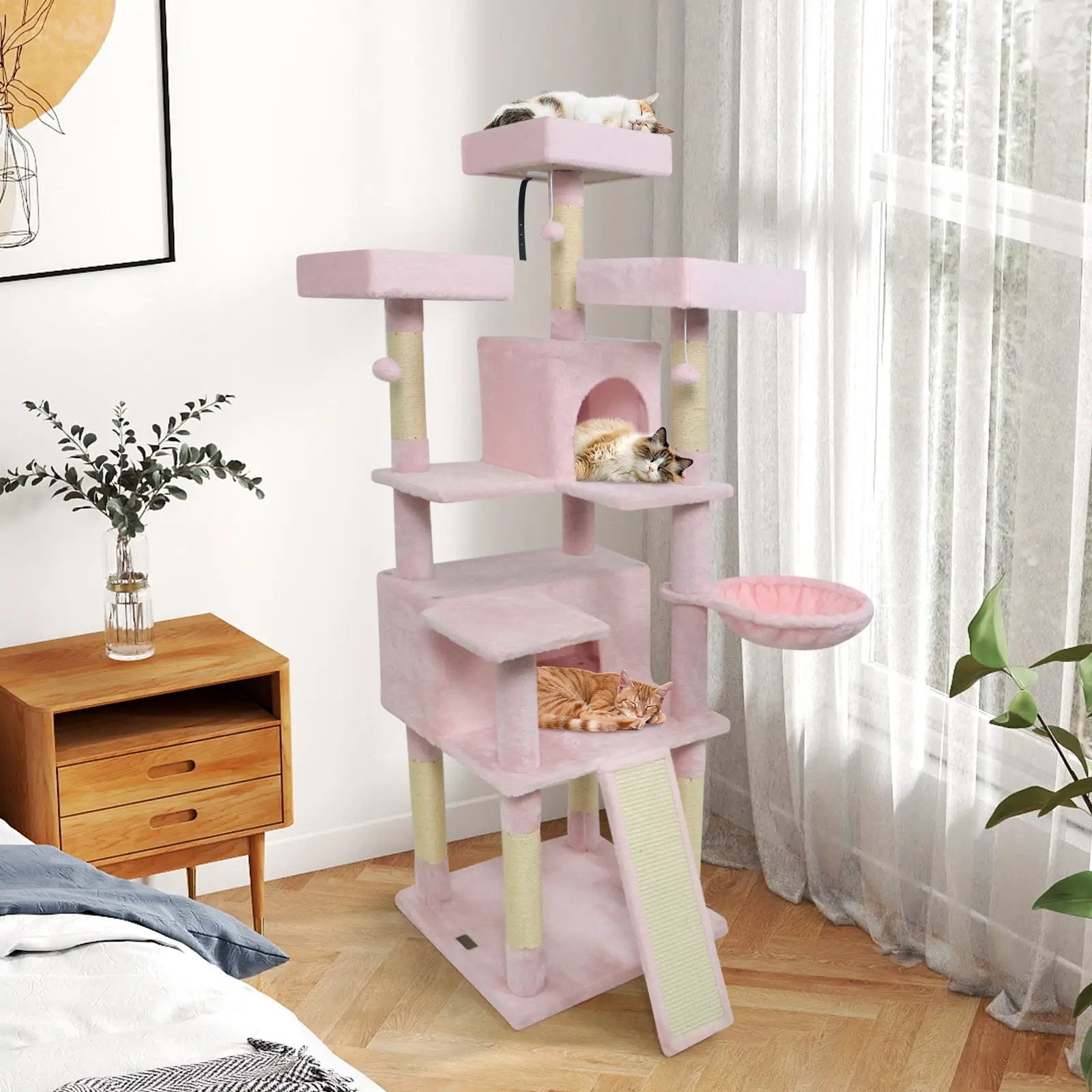 65 Inch Tall Multi-level Cat Tree with 3 Upholstered Perch and 2 Cat Condos by DirectDeals