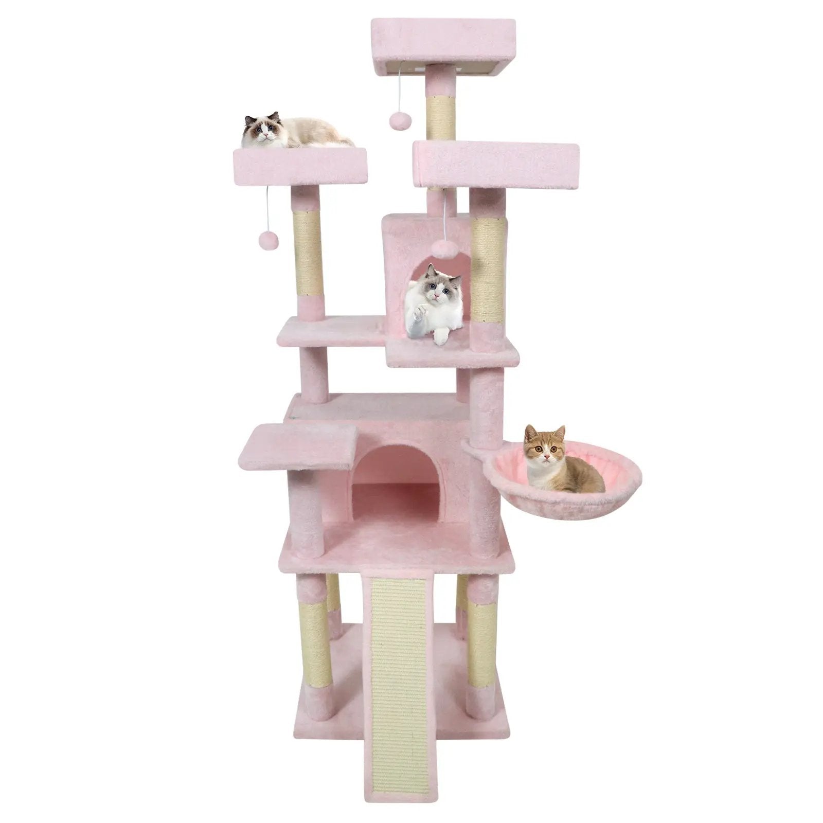 65 Inch Tall Multi-level Cat Tree with 3 Upholstered Perch and 2 Cat Condos by DirectDeals