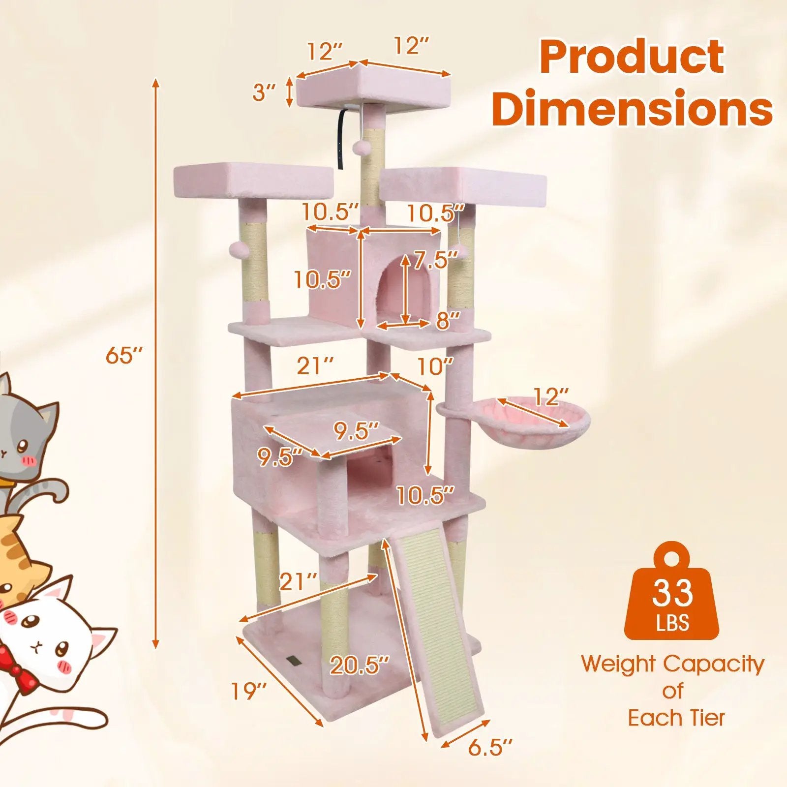 65 Inch Tall Multi-level Cat Tree with 3 Upholstered Perch and 2 Cat Condos by DirectDeals
