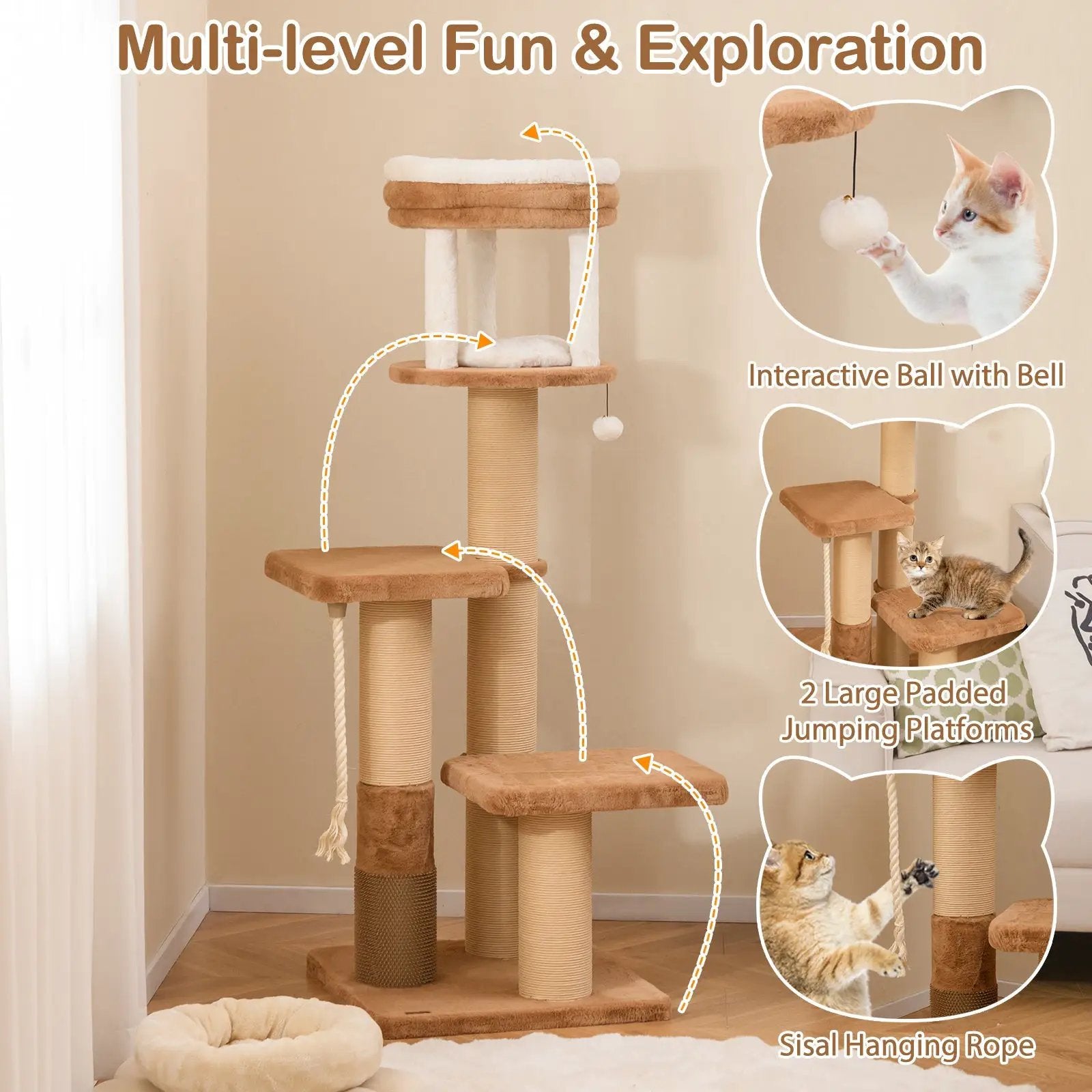 65 Inches Tall Cat Tree with Self-groomer and Removable Cat Bed-Coffee by DirectDeals