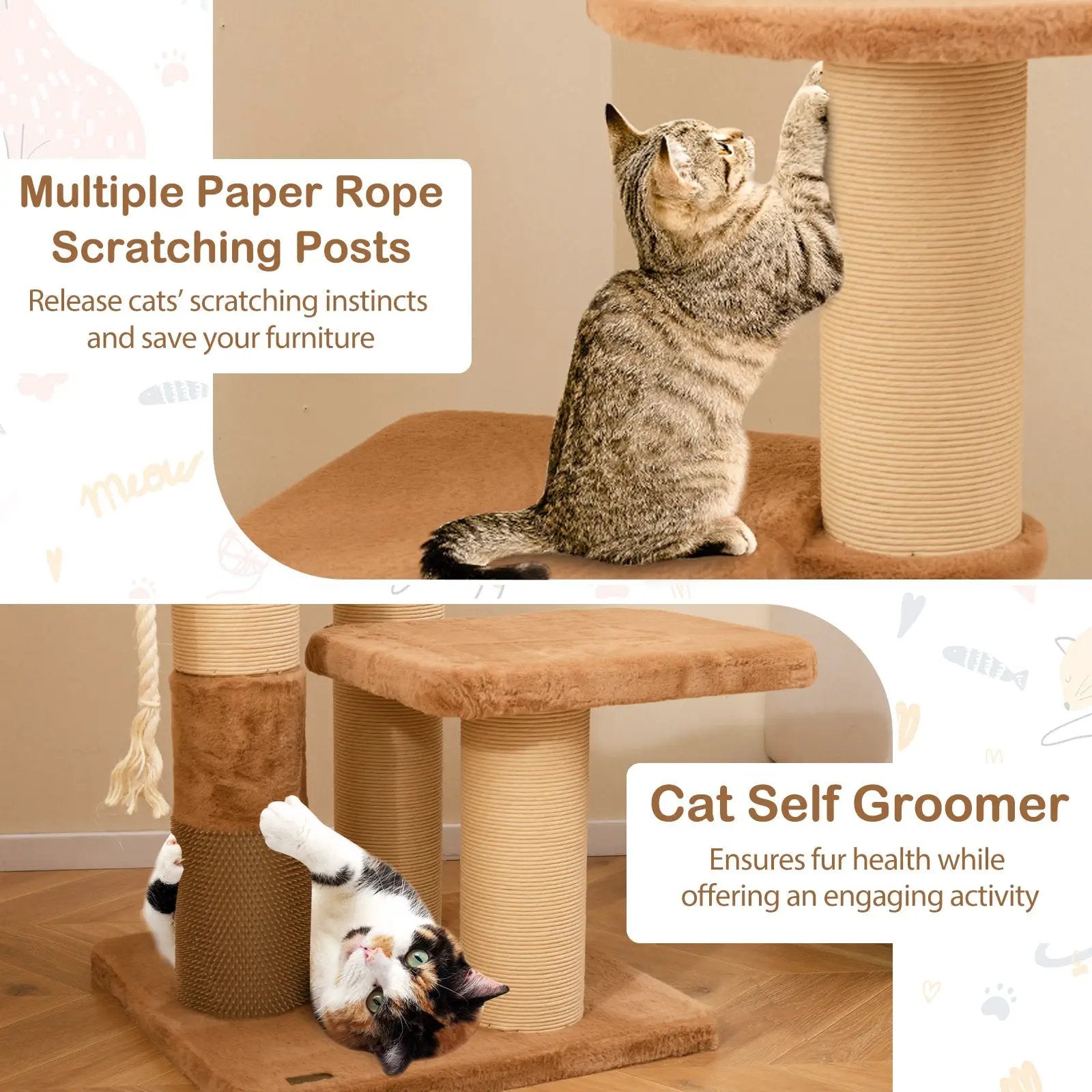 65 Inches Tall Cat Tree with Self-groomer and Removable Cat Bed-Coffee by DirectDeals