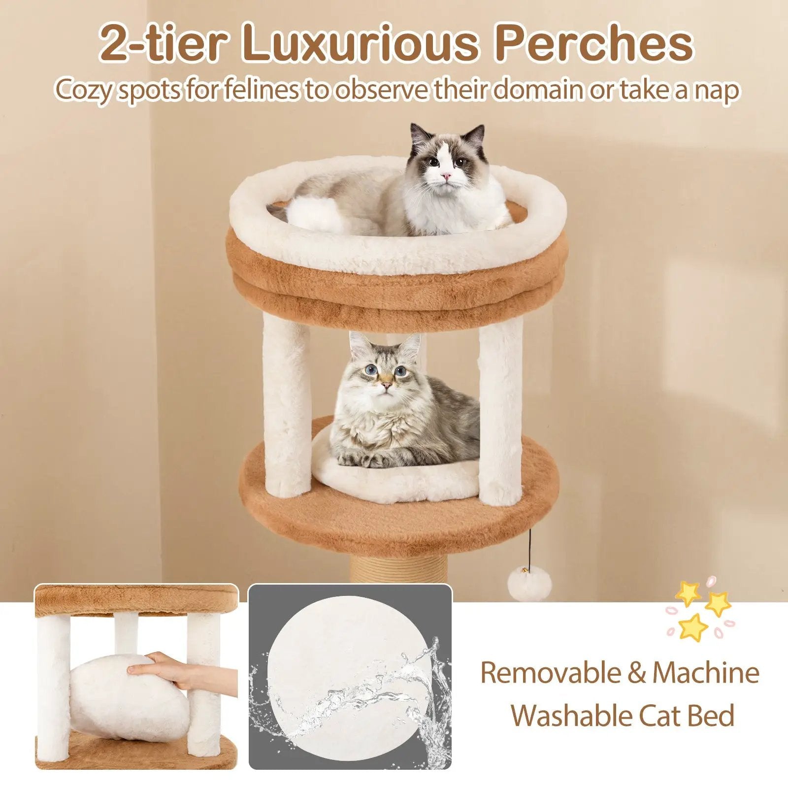65 Inches Tall Cat Tree with Self-groomer and Removable Cat Bed-Coffee by DirectDeals