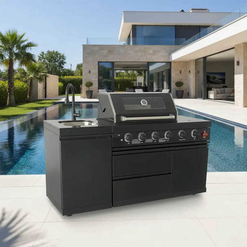 65" 4-Burner 72,000 BTU Black Outdoor Kitchen Island Grill + Round Side Burner by Chery Industrial