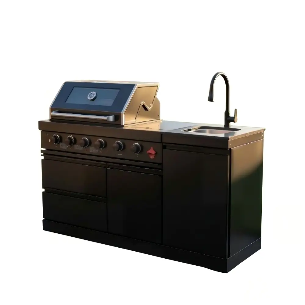 65" 4-Burner 72,000 BTU Black Outdoor Kitchen Island Grill + Round Side Burner by Chery Industrial