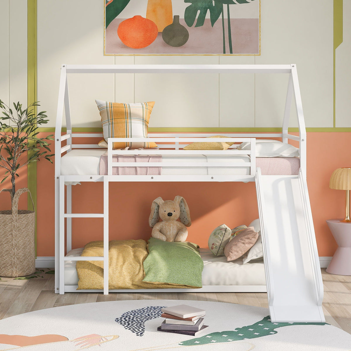 Twin Over Twin House Bunk Bed with Slide and Ladder - Black or White, photo 7 of 15