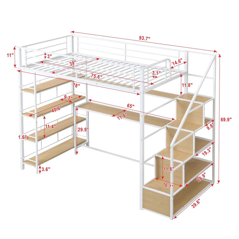 Twin Size Loft Bed With Built In Desk, Staircase Storage & 4 Tier Shelves - White by Unique Piece Furniture