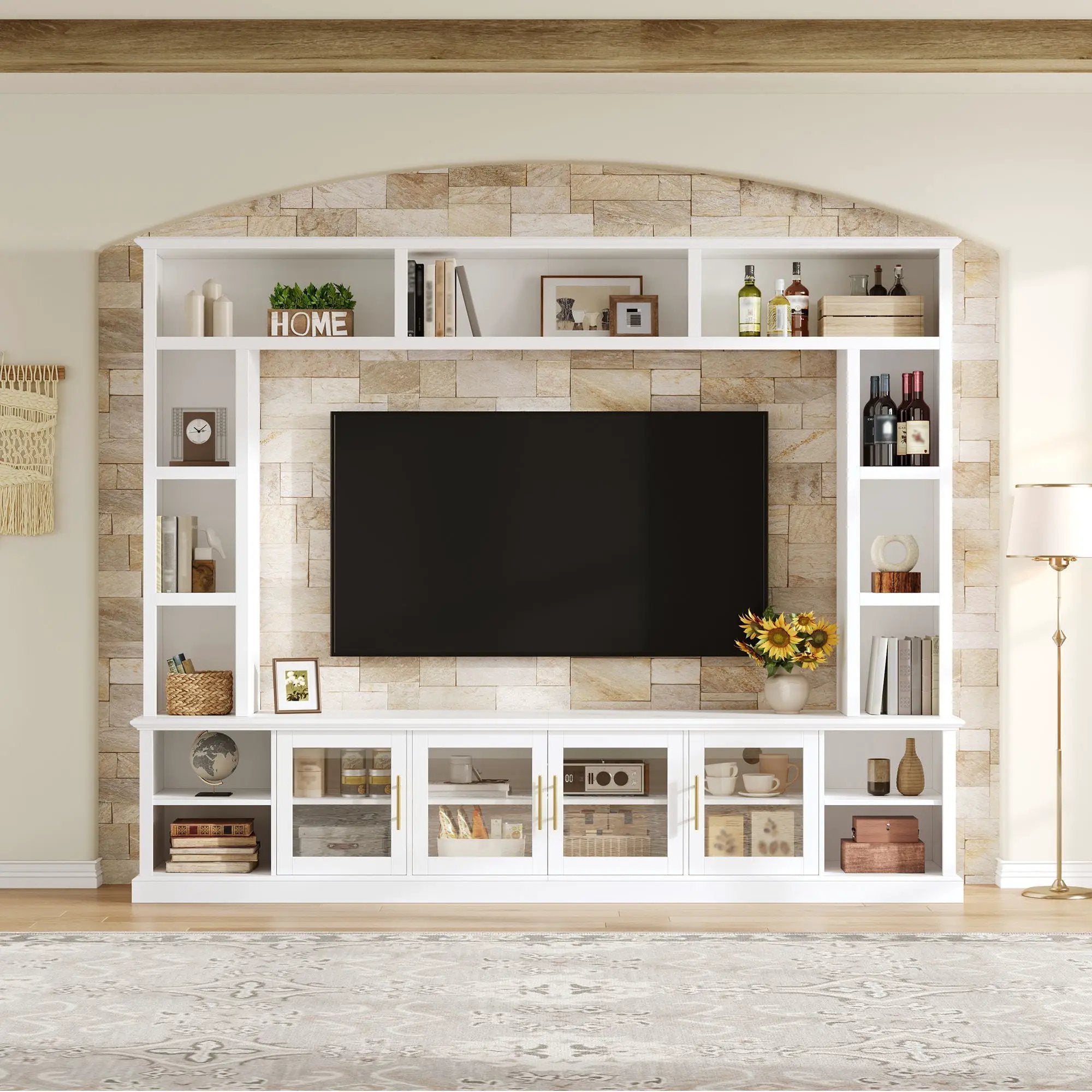 All-In-One Entertainment Center With Bookshelves & Tempered Glass Doors, TV Console Unit For Living Room by Unique Piece Furniture