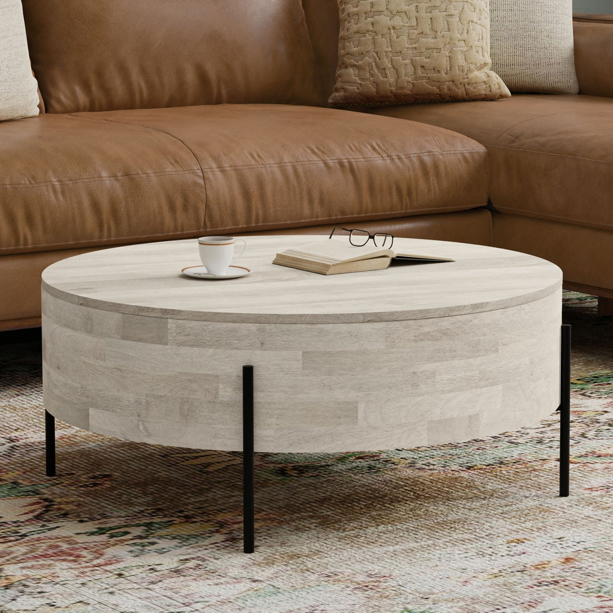 Drum Coffee Table with Solid Mango Wood Construction - Light Brown, White, Dark Brown, photo 11 of 22
