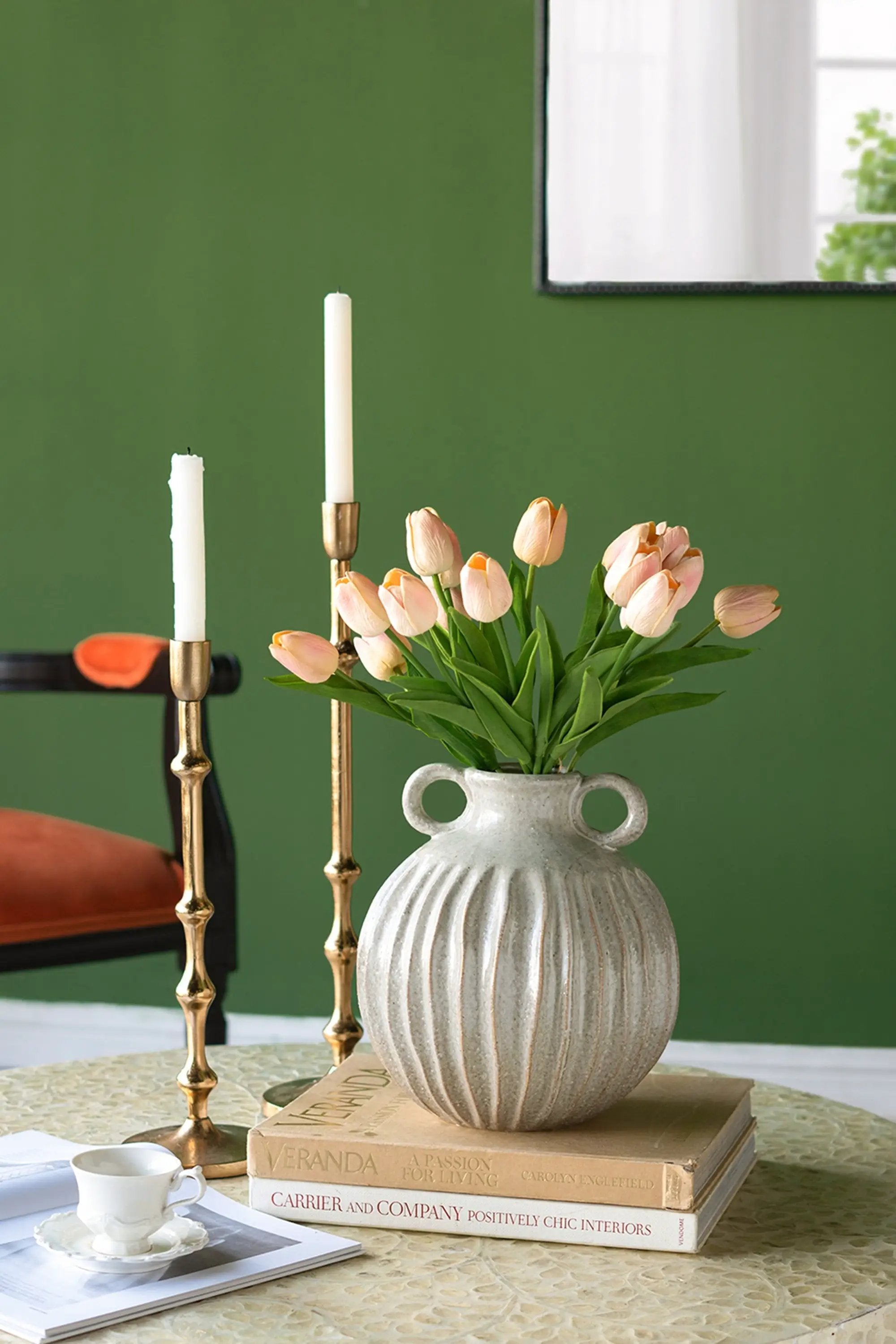 9x9x10' Decorative Round Ceramic Flower Vase with Small Handles and Textured Motif, Gold by HouseOfZazla