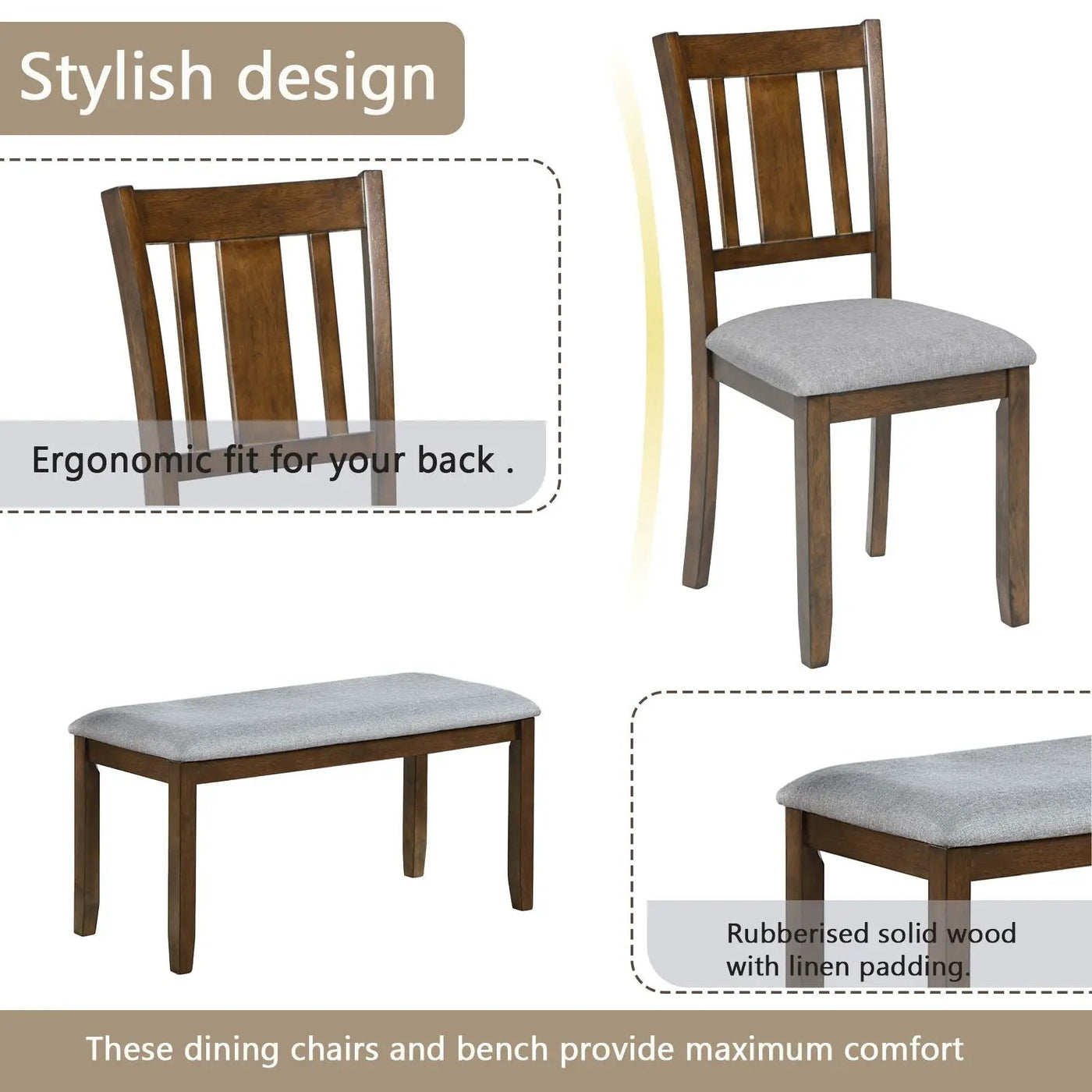 6 Pieces Kitchen Dining Set, Rectangular Wooden Dining Table With 4 Upholstered Chairs And A Bench by HouseOfZazla