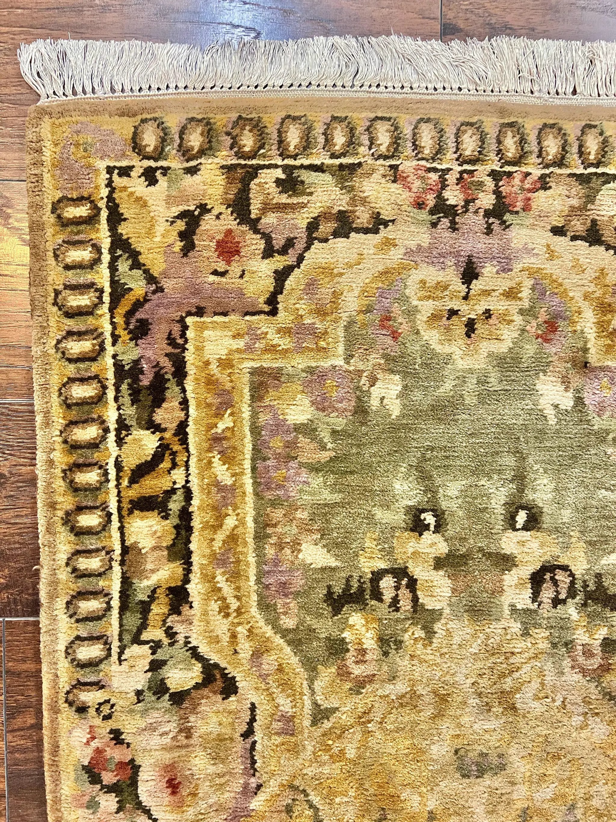 Tibetan Runner Rug 2.6 x 10, French Aubusson Pattern, Gold Olive Green, Vintage Handmade European Design, Wool Hallway Rug by Jewel Rugs