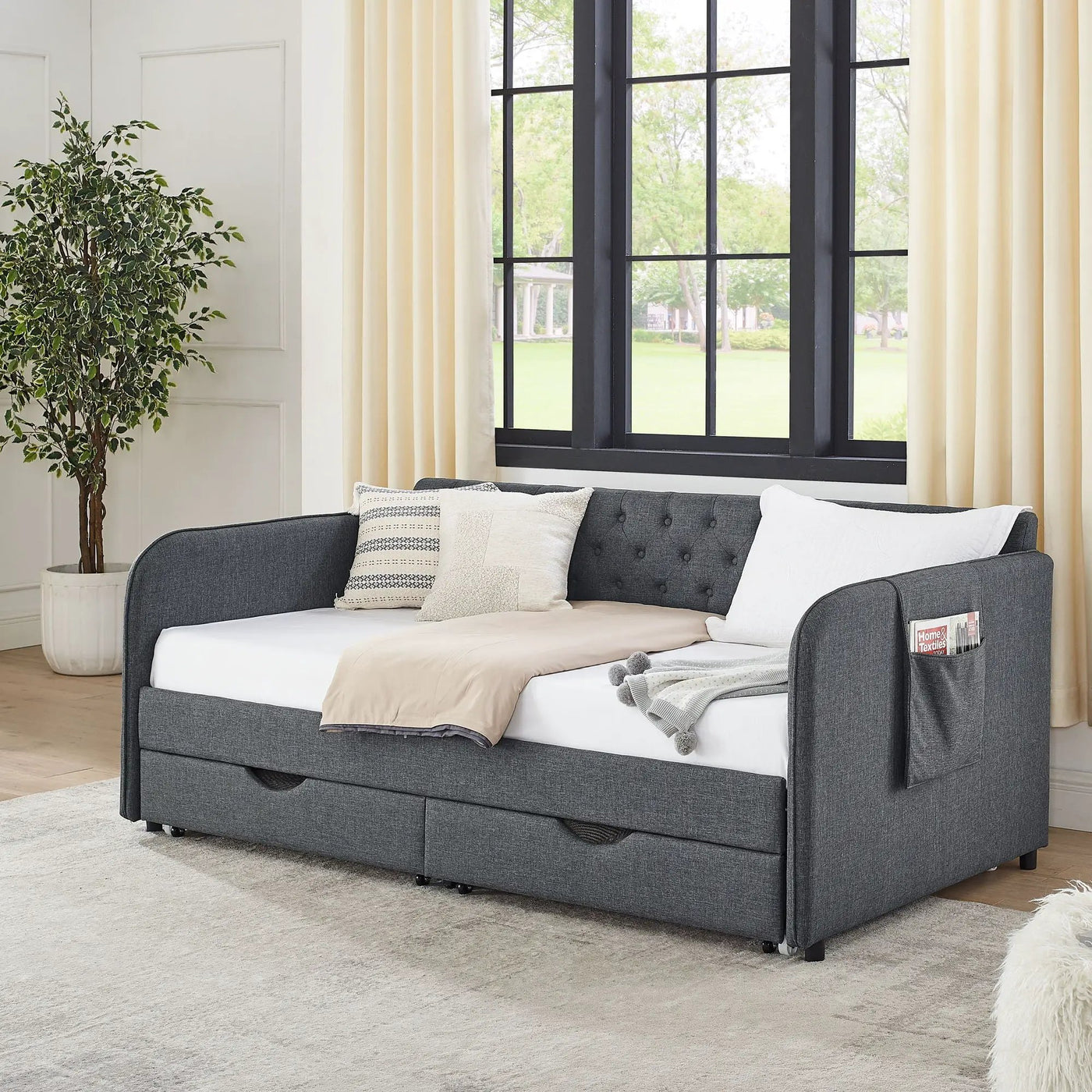 Daybed With Trundle And Storage Drawers, Flat Arms With Pocket by HouseOfZazla