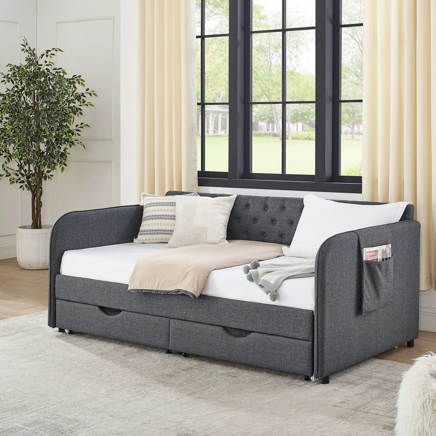 Daybed With Trundle And Storage Drawers, Flat Arms With Pocket by Unique Piece Furniture