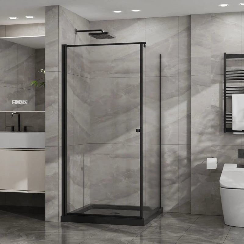 Corner Shower Enclosure with Frameless Pivot Door - Black by HouseOfZazla
