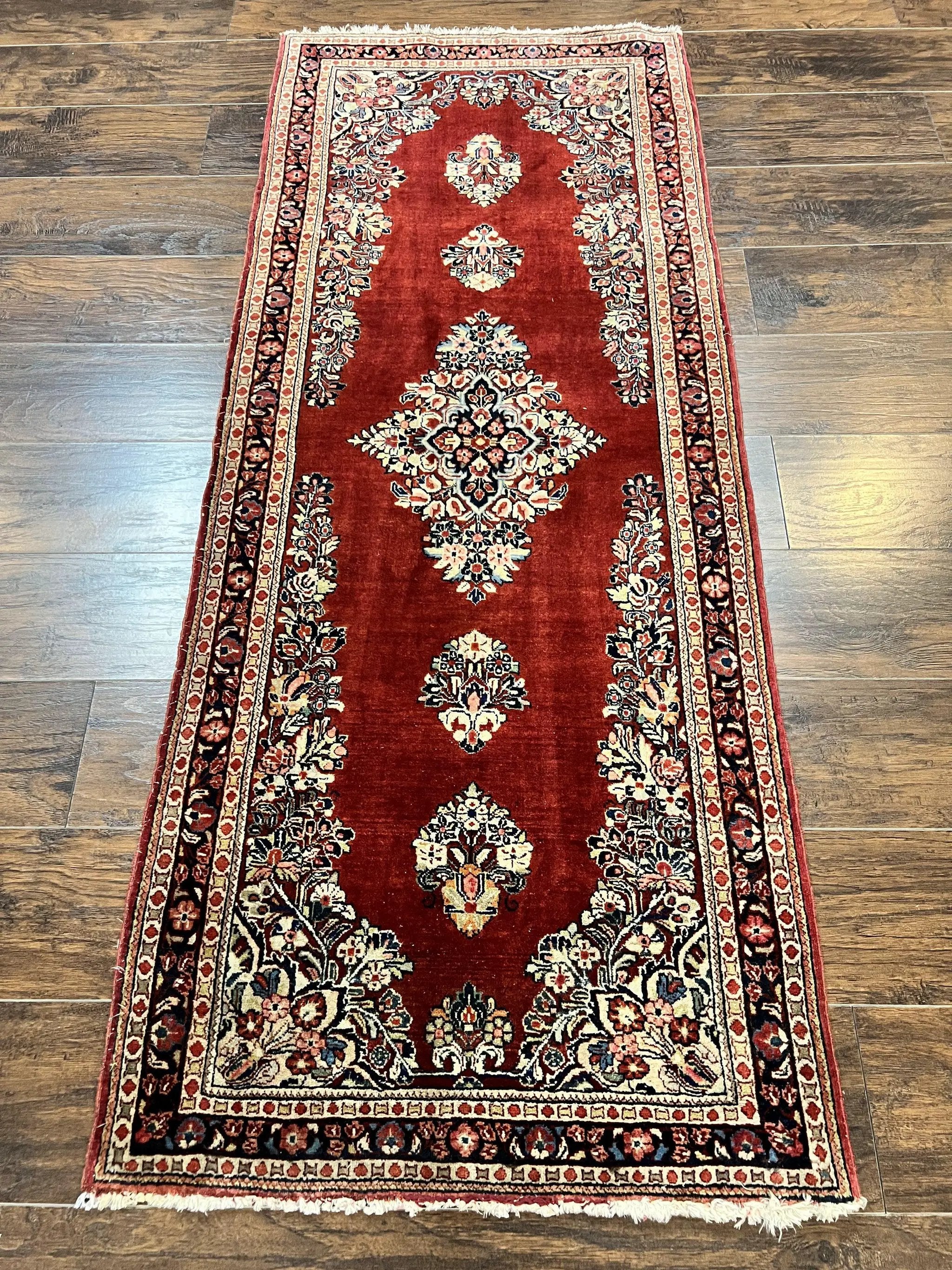 Persian Sarouk Runner Rug 2.7 x 6, Semi Open Field, Red, Handmade Hand Knotted, Wool Oriental Carpet, Vintage Semi Antique by Jewel Rugs