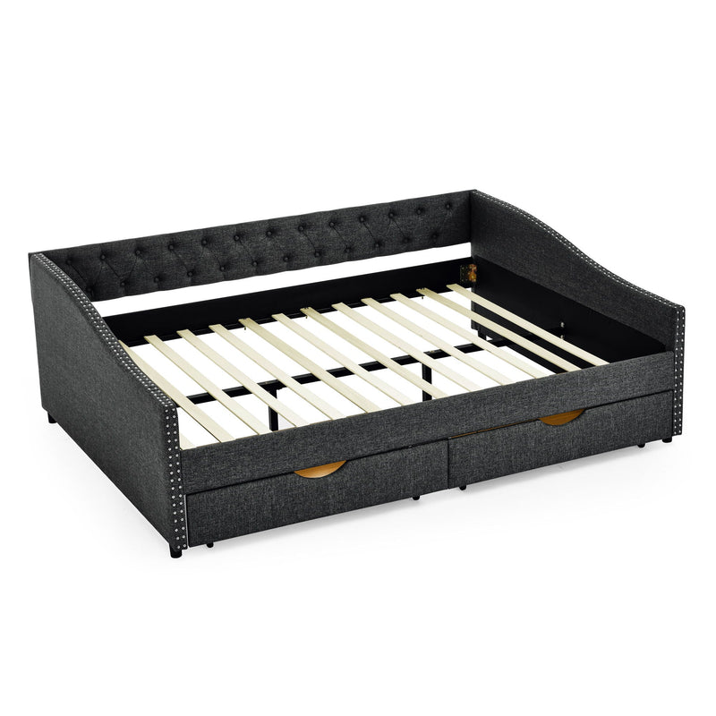Upholstered Tufted Daybed With 2 Drawers, Waved Arms