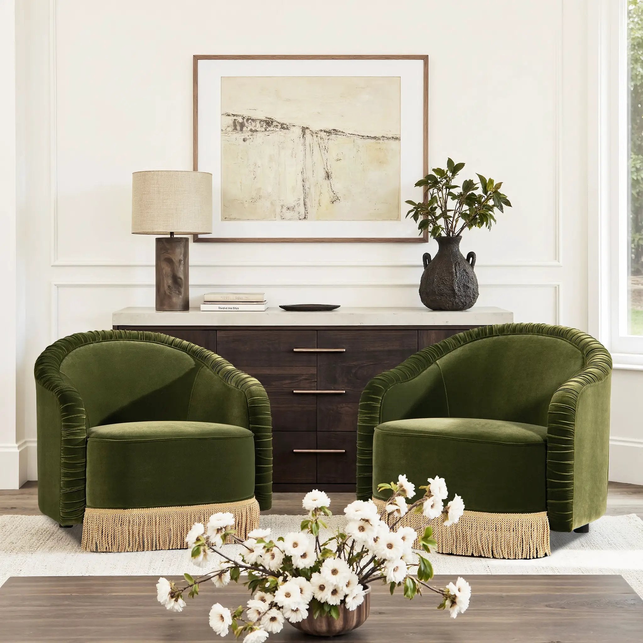 Serena 31.5" Ruched Barrel Back Accent Arm Chair with Bullion Fringe, Olive by HouseOfZazla
