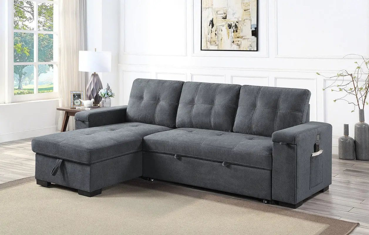 Toby - Woven Fabric Reversible Sleeper Sectional Sofa With Storage Chaise Cup Holder Charging Ports And Pockets by HouseOfZazla