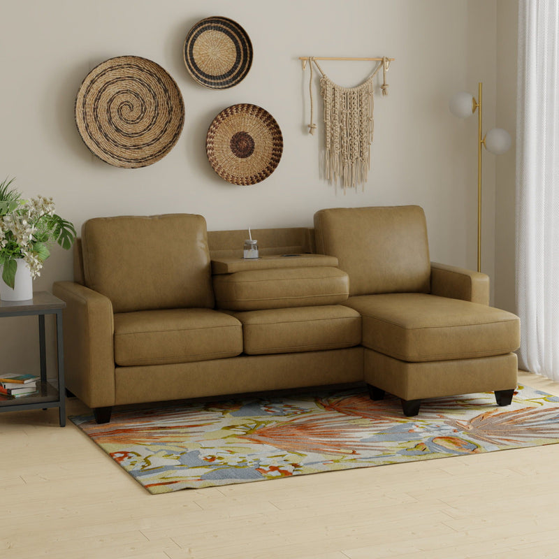 2 Piece Sofa With Chaise, Comfortable Seating For 3, Tapered Feet, USB Charging Console - Brown by HouseOfZazla