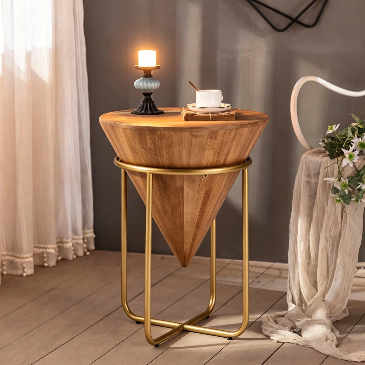 Minimalist & Luxe Wood Side Table with Solid Wood Top - Brown & Gold