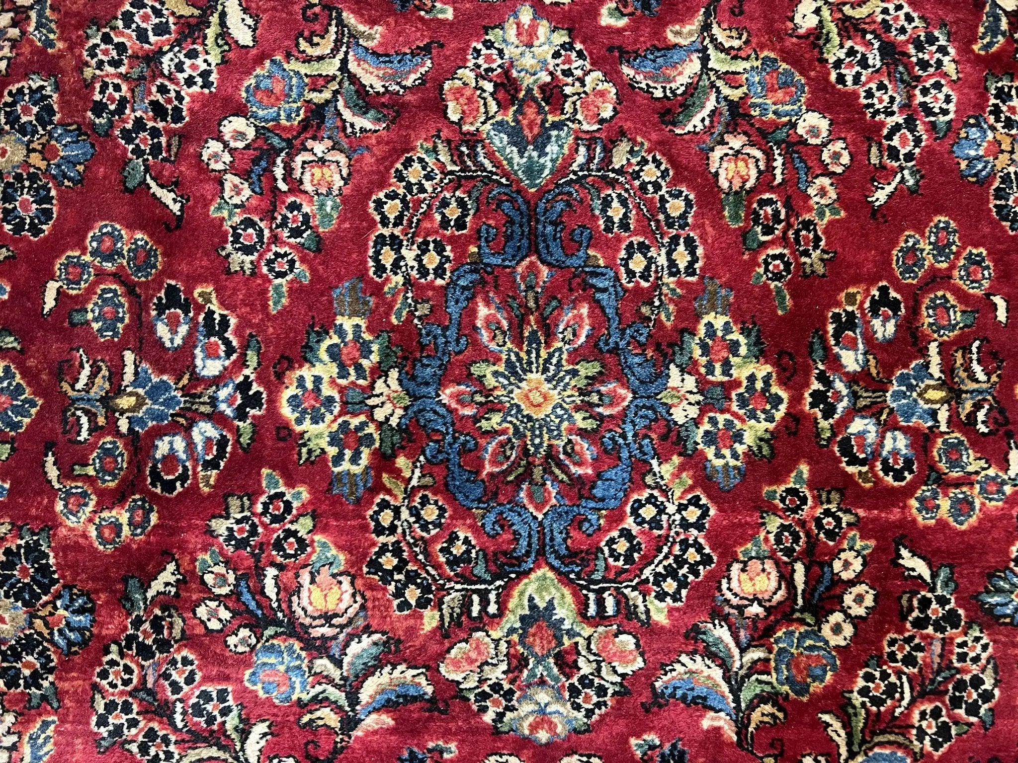 Persian Sarouk Rug 5x6, Hand Knotted Antique 1920s Sarouk, Red Navy Blue by Jewel Rugs