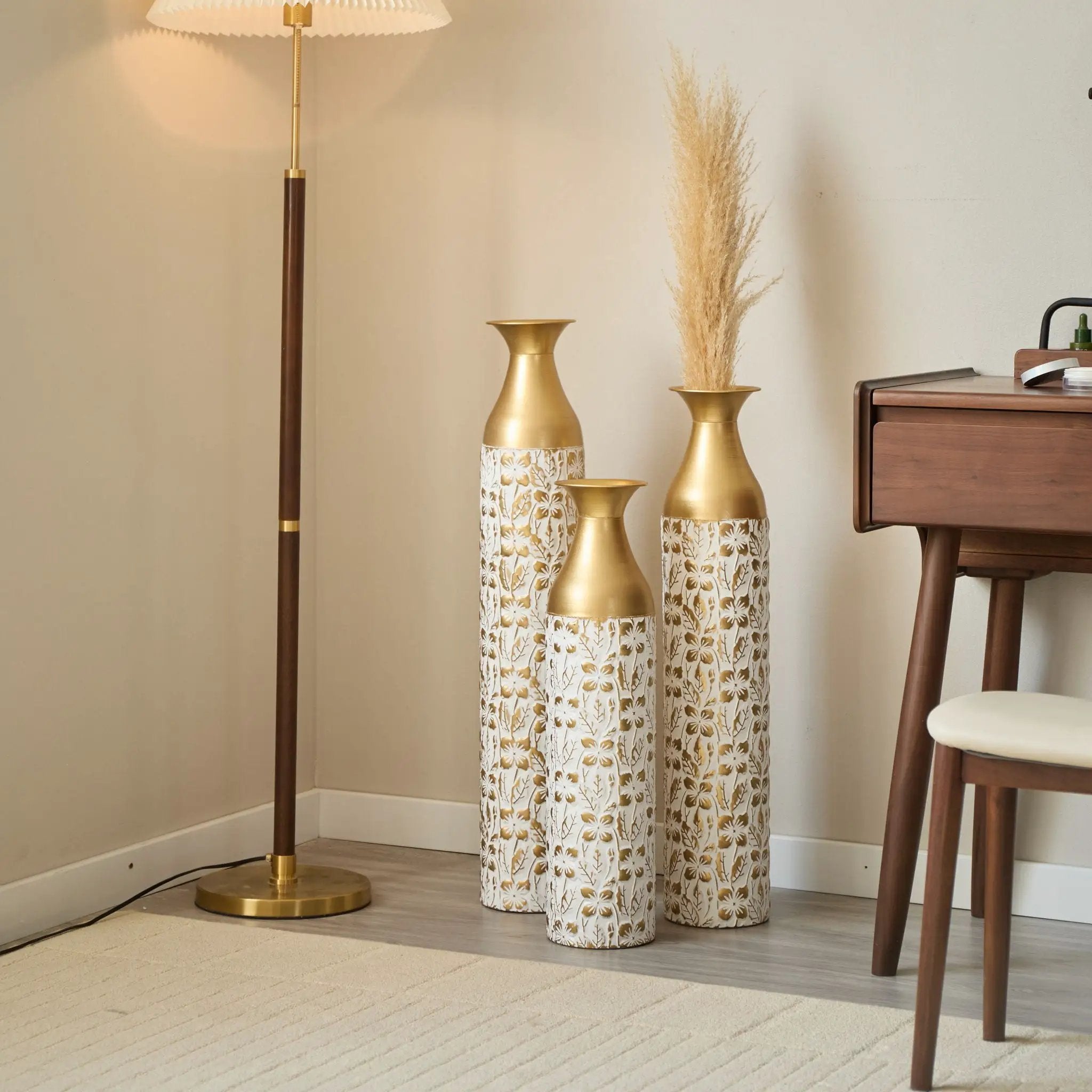 Mother's Day Gift Set Gilded White 3D Relief Flower Metal Vase Set - White / Gold by HouseOfZazla