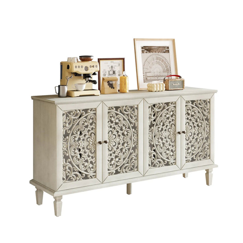 60" Antique Buffet Cabinet with Floral Carvings and Solid Wood Legs by HouseOfZazla