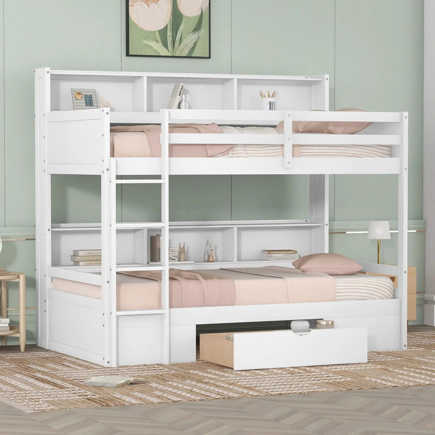 Twin Size Bunk Bed With Built-In Shelves Beside Both Upper And Down Bed And Storage Drawer by HouseOfZazla