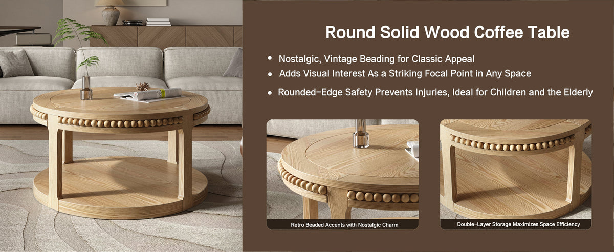 31.5 Inch Round Solid Wood Coffee Table & Sofa Table - Two-Tier Thickened Top, Sturdy Legs, Circle Table for Living Room (Natural Wood), photo 8 of 10