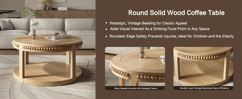 31.5 Inch Round Solid Wood Coffee Table & Sofa Table - Two-Tier Thickened Top, Sturdy Legs, Circle Table for Living Room (Natural Wood), photo 8 of 10