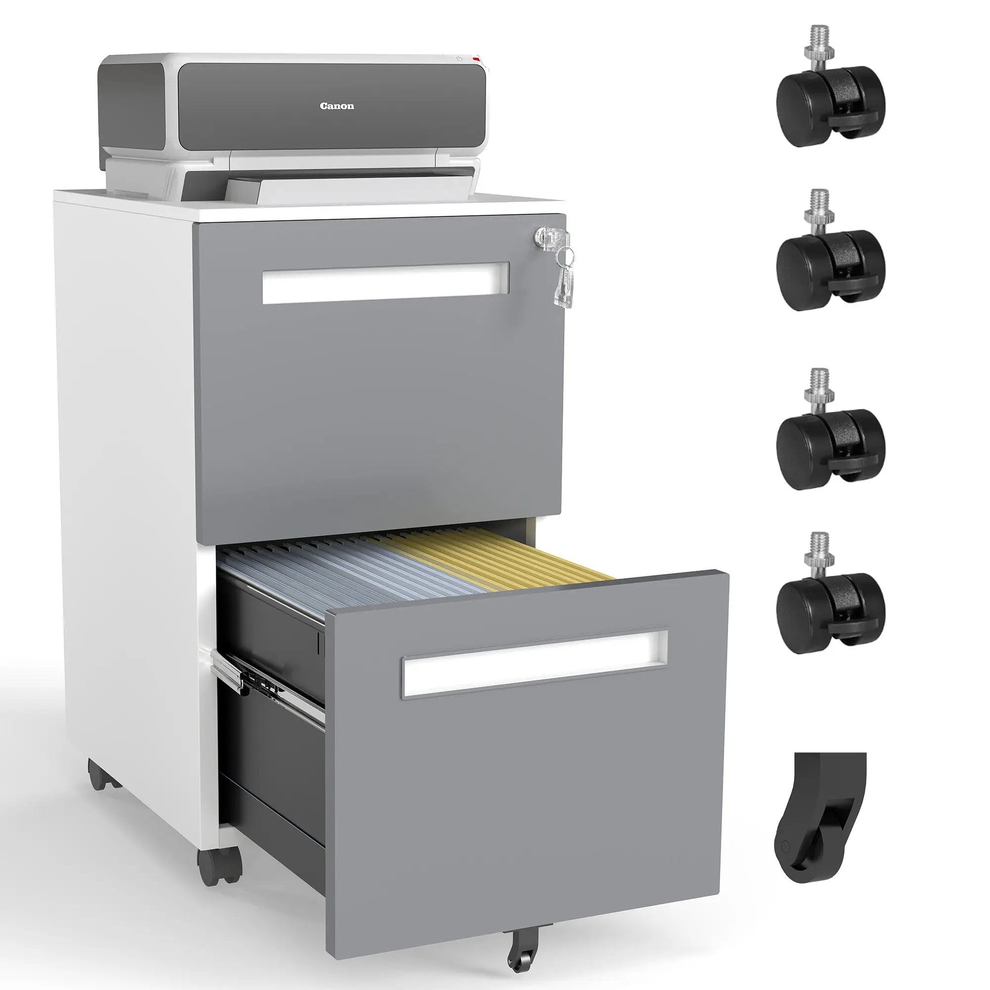 2-Drawer Mobile File Cabinet With Lock,On 360° Wheels, Holds A4/Letter/Legal Files - White by Unique Piece Furniture