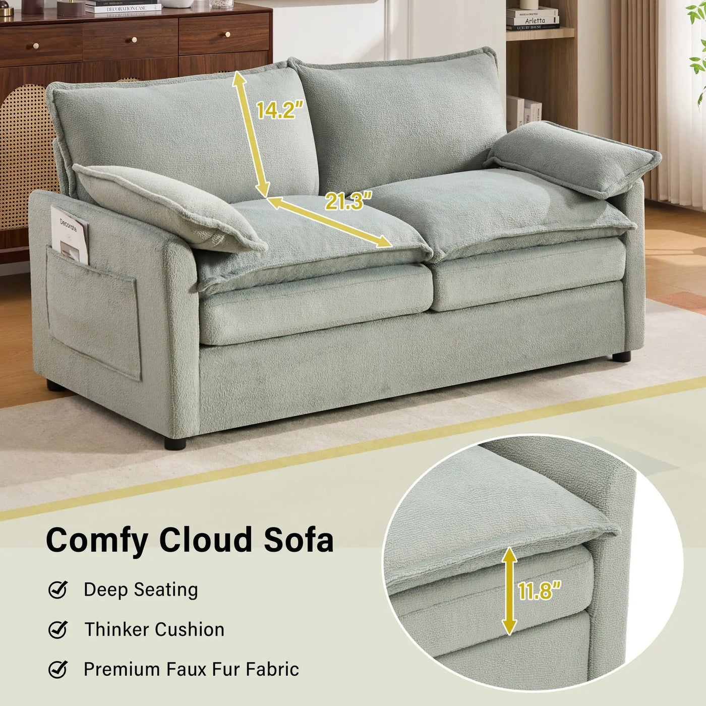 Modern Loveseat Sofa, Upholstered Couch With Side Storage Pockets by HouseOfZazla