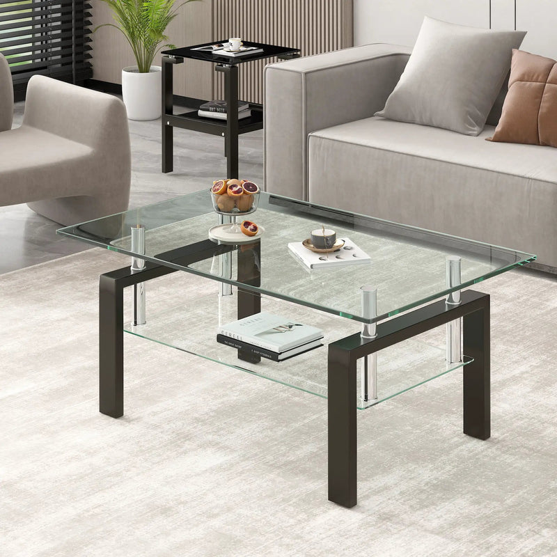 Tempered Clear Glass Coffee Table, 2-Layers Coffee Table Living Room Center Table - Black by Unique Piece Furniture