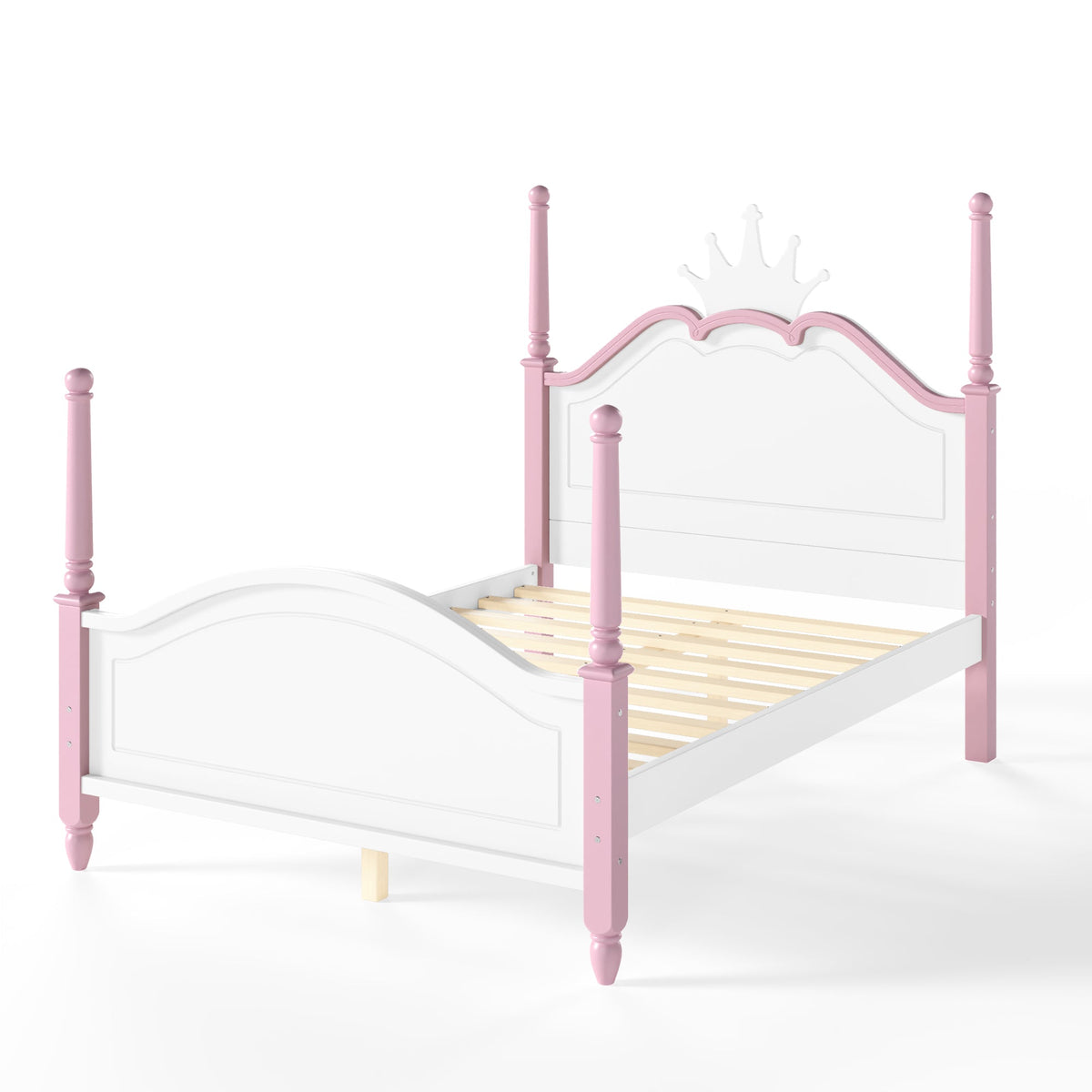 Full Size Crown Shaped Platform Bed, Four Poster Stylish Wooden Bed Frame, Elegant Curved Headboard Bed Frame For Bedroom,White&Pink, photo 8 of 10