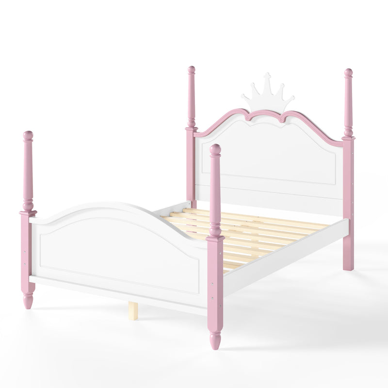 Full Size Crown Shaped Platform Bed, Four Poster Stylish Wooden Bed Frame, Elegant Curved Headboard Bed Frame For Bedroom,White&Pink, photo 8 of 10
