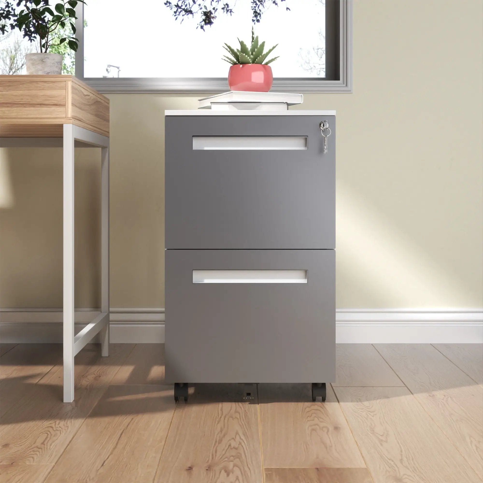 2-Drawer Mobile File Cabinet With Lock,On 360° Wheels, Holds A4/Letter/Legal Files - White by Unique Piece Furniture