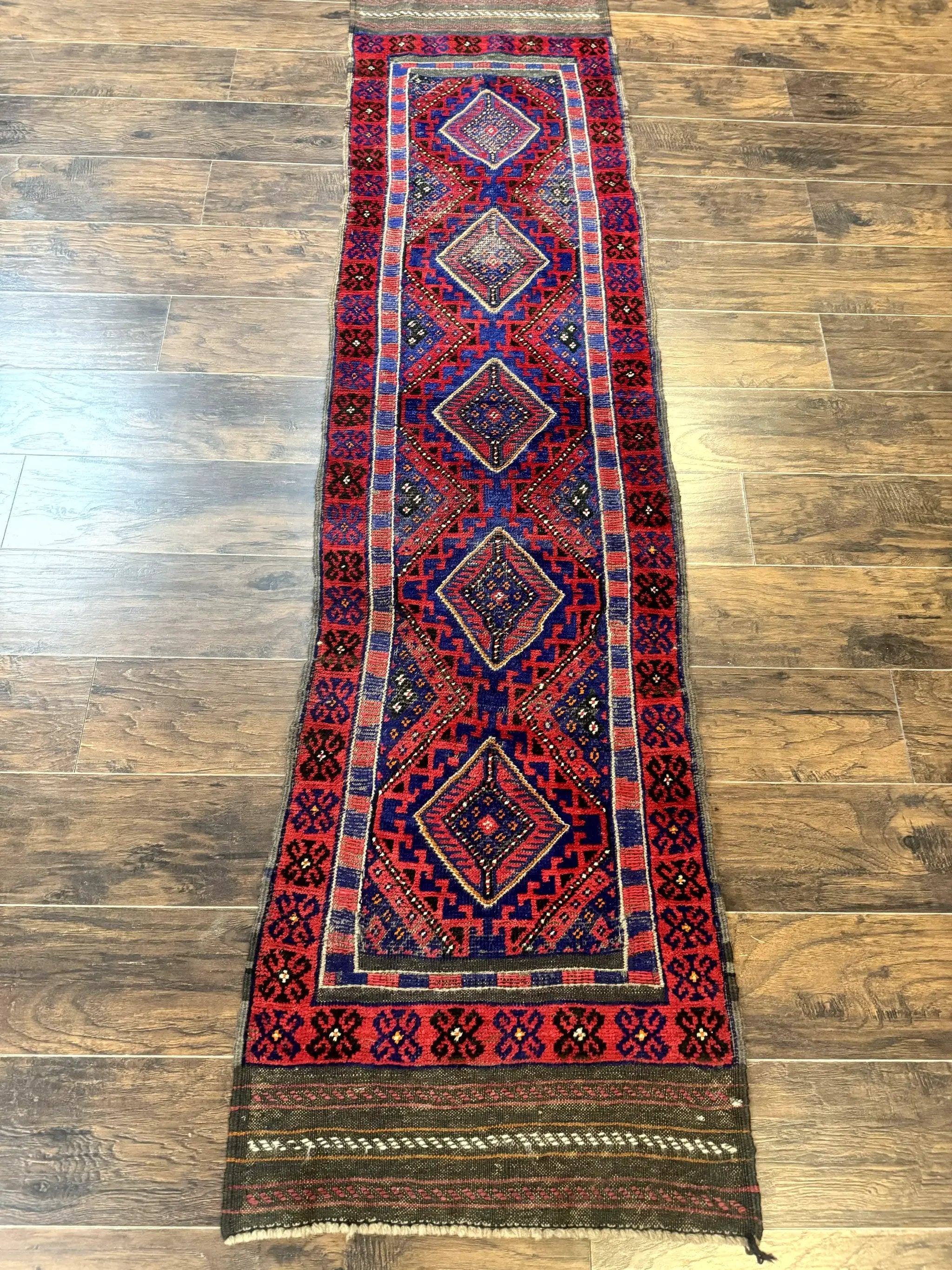 Turkoman Runner Rug 2 x 8.6, Skinny Runner, Handmade Wool Carpet for Hallway, Red and Blue, Wool, Vintage 8ft Runner by Jewel Rugs