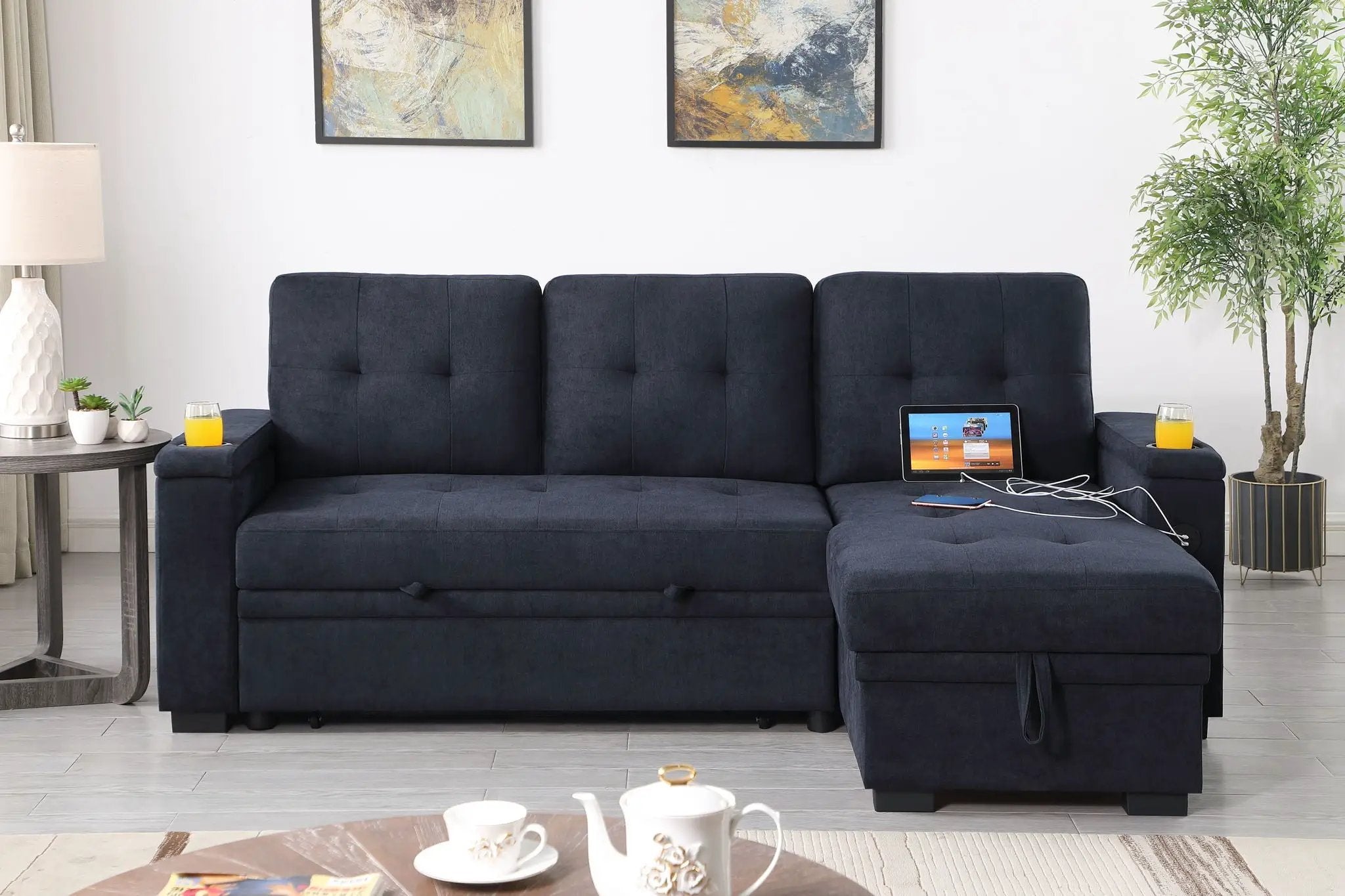 Ashlyn II - 84"W Woven Fabric Reversible Sleeper Sectional Sofa with Storage Chaise by HouseOfZazla