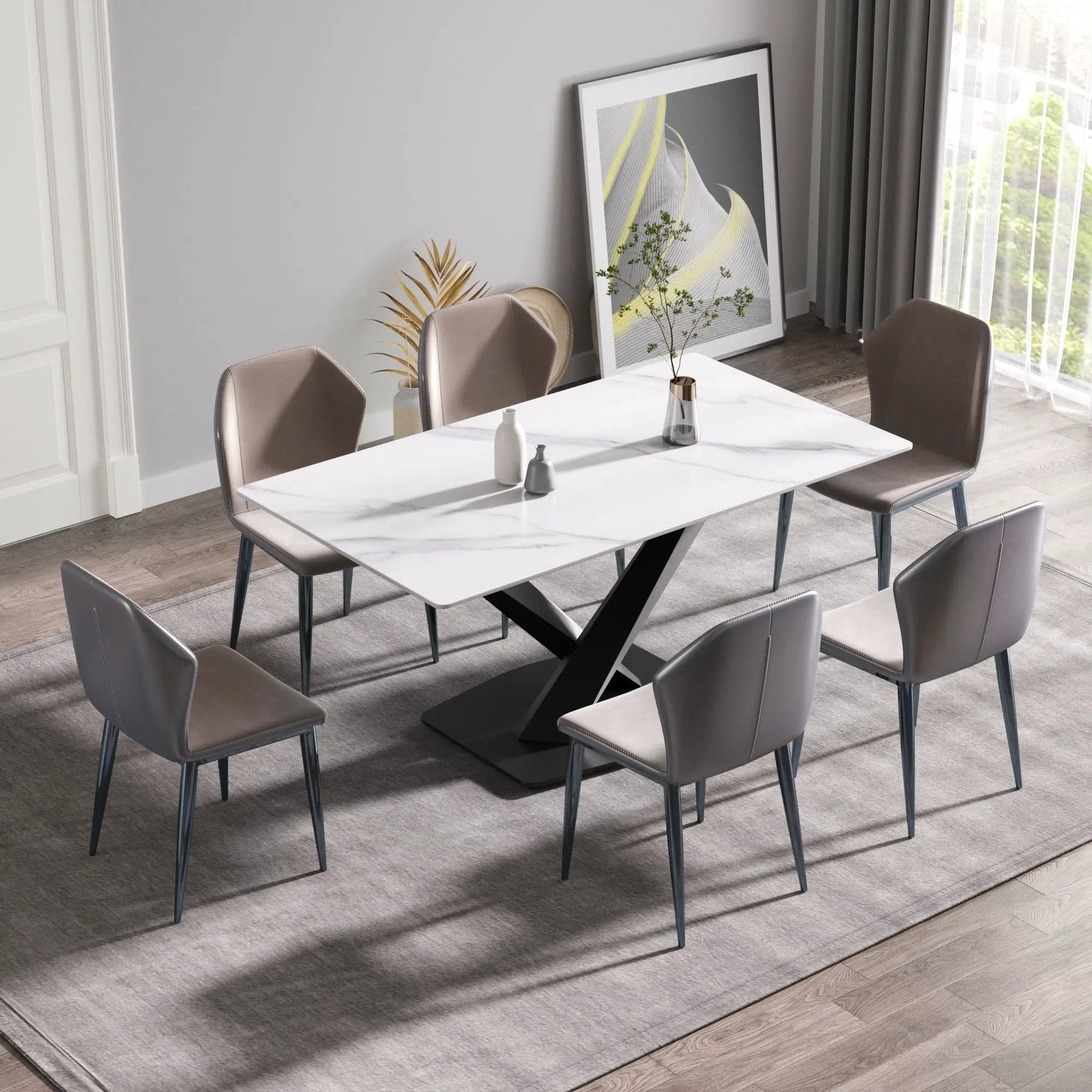 63" Modern Artificial Stone Straight Edge Metal X-Leg Dining Table, 6 People - White / Black by HouseOfZazla